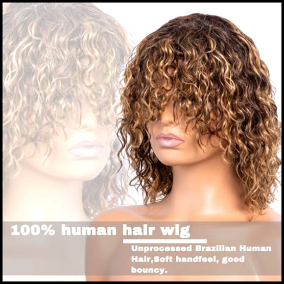 Short Curly Wig with Bangs Pixie Cut Glueless Water Wave Human Hair Wear and Go